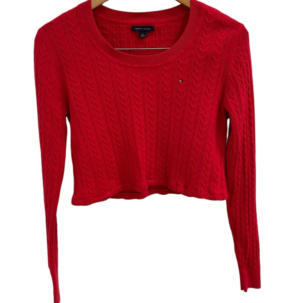 Tommy Hilfiger Red Cable Knit Cropped Sweater M Preppy Y2K Classic Minimal Chic
